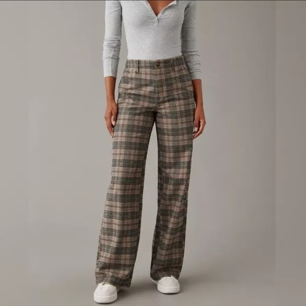 American Eagle Outfitters Plaid Wide Leg Pants - Brown and Gray